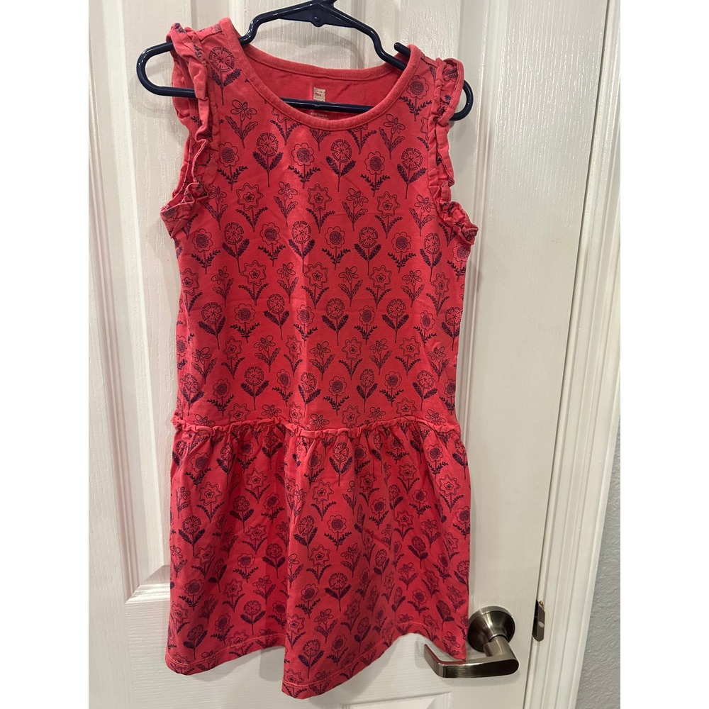 Tea Collection Dress Coral Pink Floral Ruffle‎ Sleeveless Drop Waist Kids Size 6